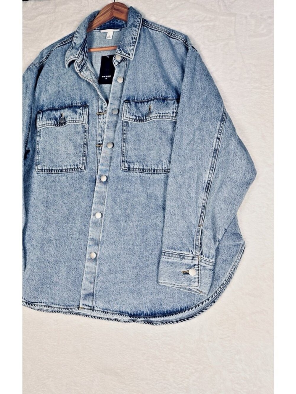 Parke Target Denim Shacket Shirt Jacket Light Wash Oversized Button Front Sz XL - Picture 13 of 16